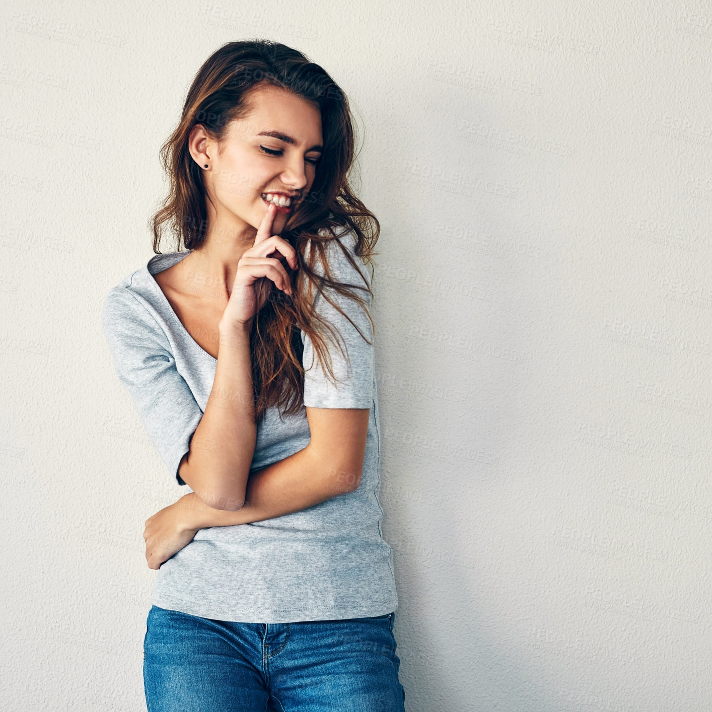 Buy stock photo Fashion, edgy and woman with expression, streetwear and person on gray studio background. Model, mockup space and girl wIth emotion, cringe or hair care with texture, volume or dermatology with pride