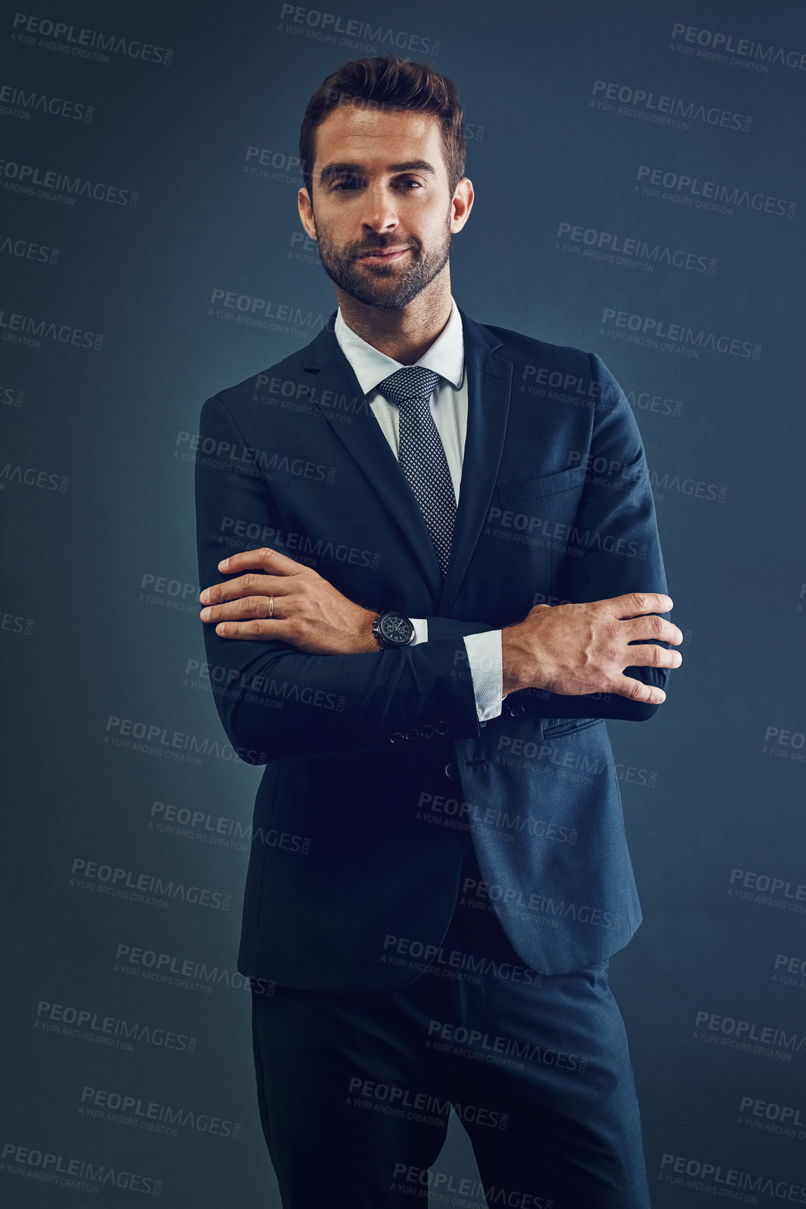 Buy stock photo Studio, business and portrait of man with confidence, designer style and dark aesthetic. Corporate fashion, gentleman and serious businessman with professional pride, luxury suit and blue background