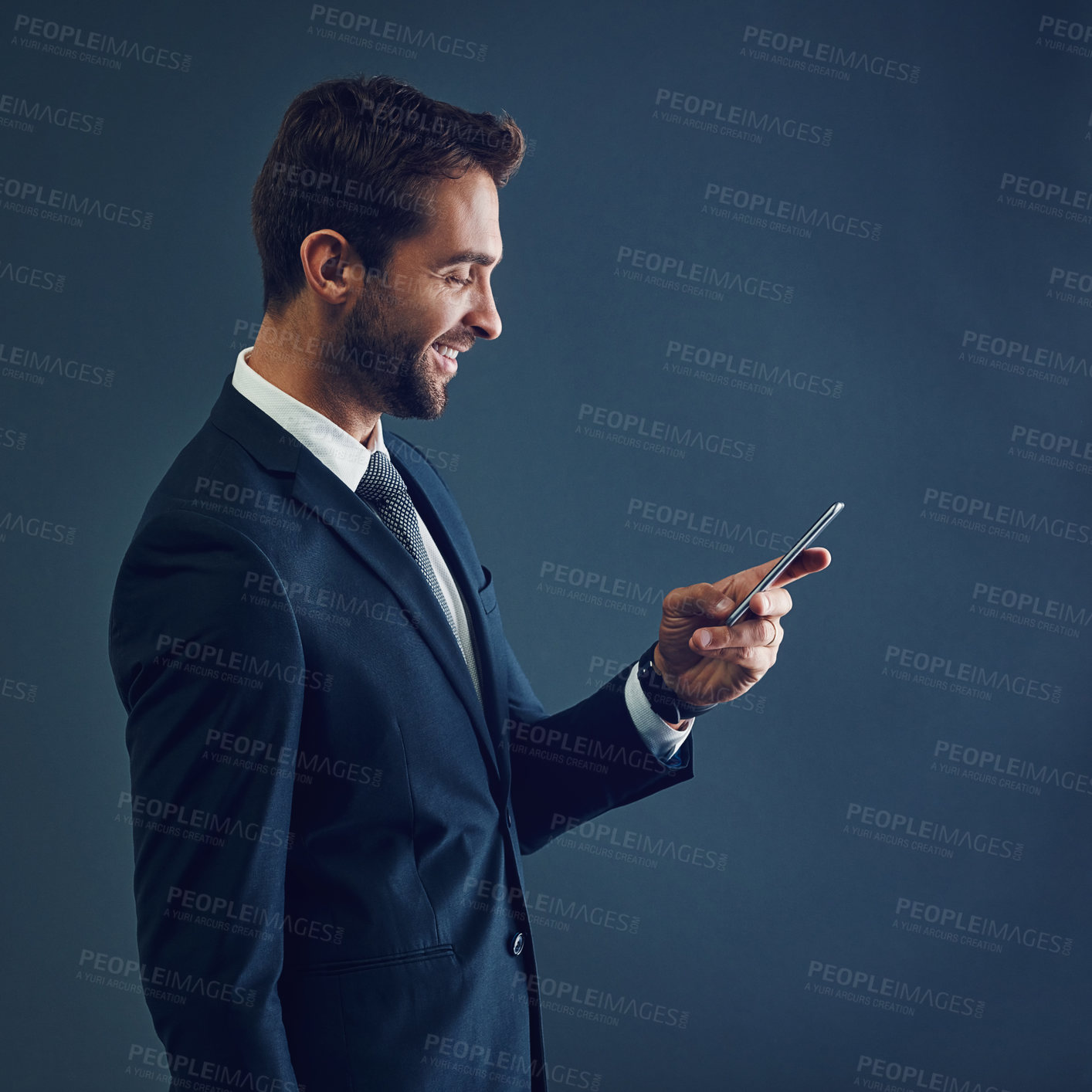 Buy stock photo Businessman, profile and internet with smartphone on studio background for corporate communication, digital connection and happy. Manager, emails and online for business app, networking and website.