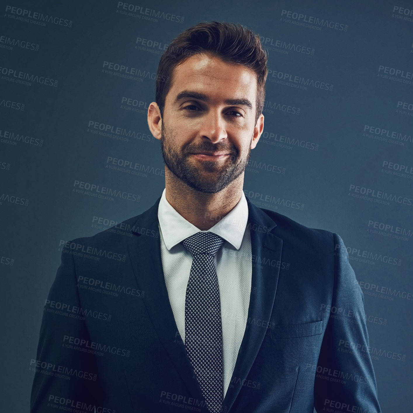 Buy stock photo Studio, lawyer or businessman in portrait with smile, professional career and confidence with formal suit. Male person, immigration attorney and legal by blue background for advice, justice and case