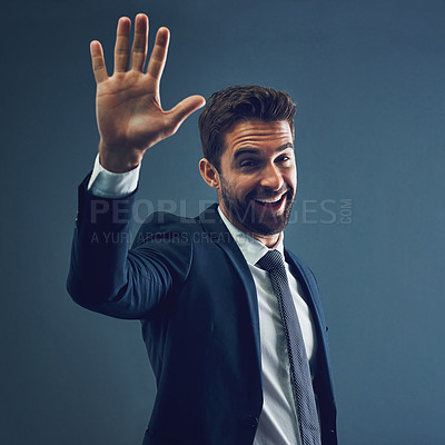 Buy stock photo Happy, high five and portrait of businessman in studio with motivation, congratulations or achievement. Smile, waving and male corporate lawyer from Canada with greeting or welcome by gray background