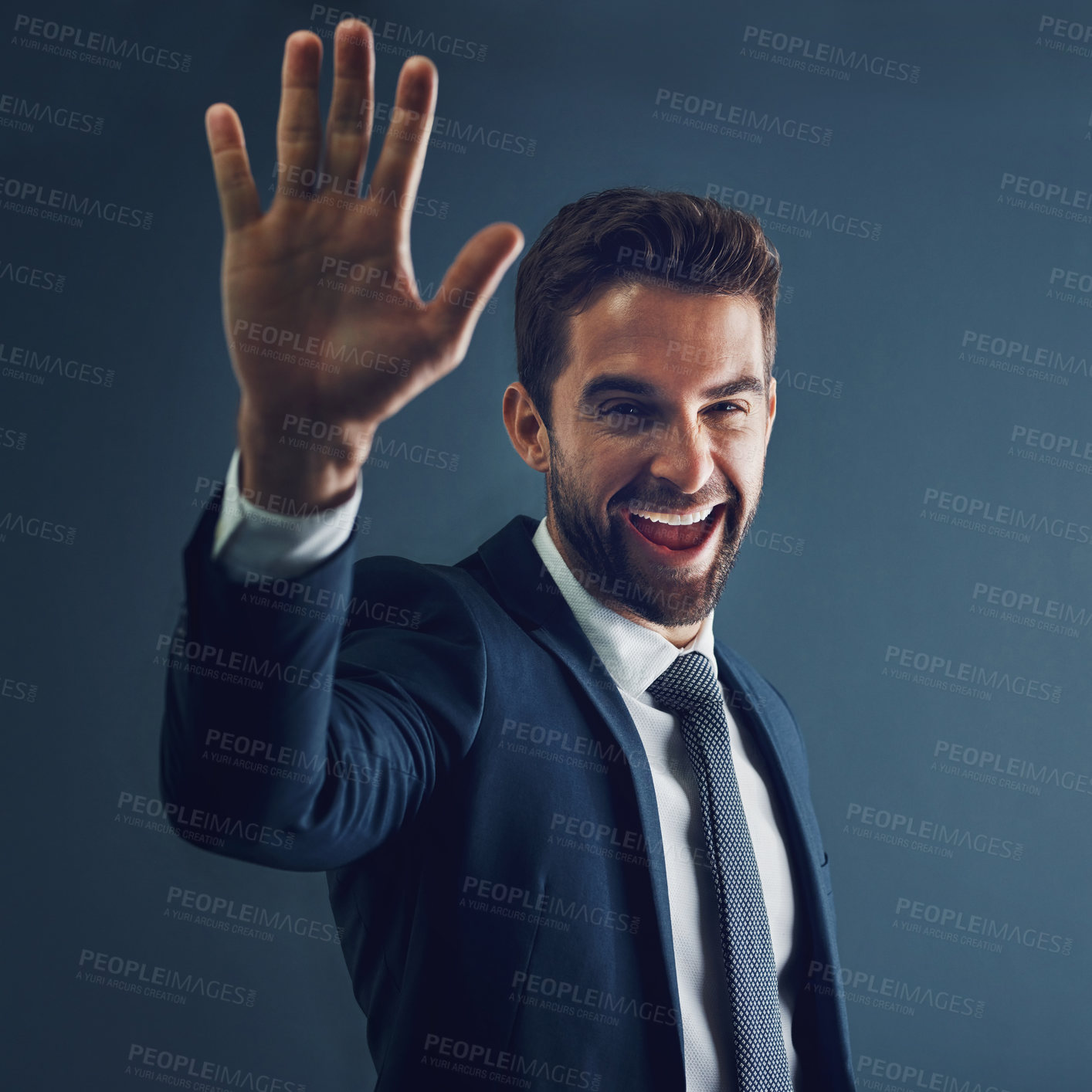 Buy stock photo Excited, high five and portrait of businessman in studio with motivation, congratulations or achievement. Happy, waving and male corporate lawyer in Canada with greeting or welcome by gray background