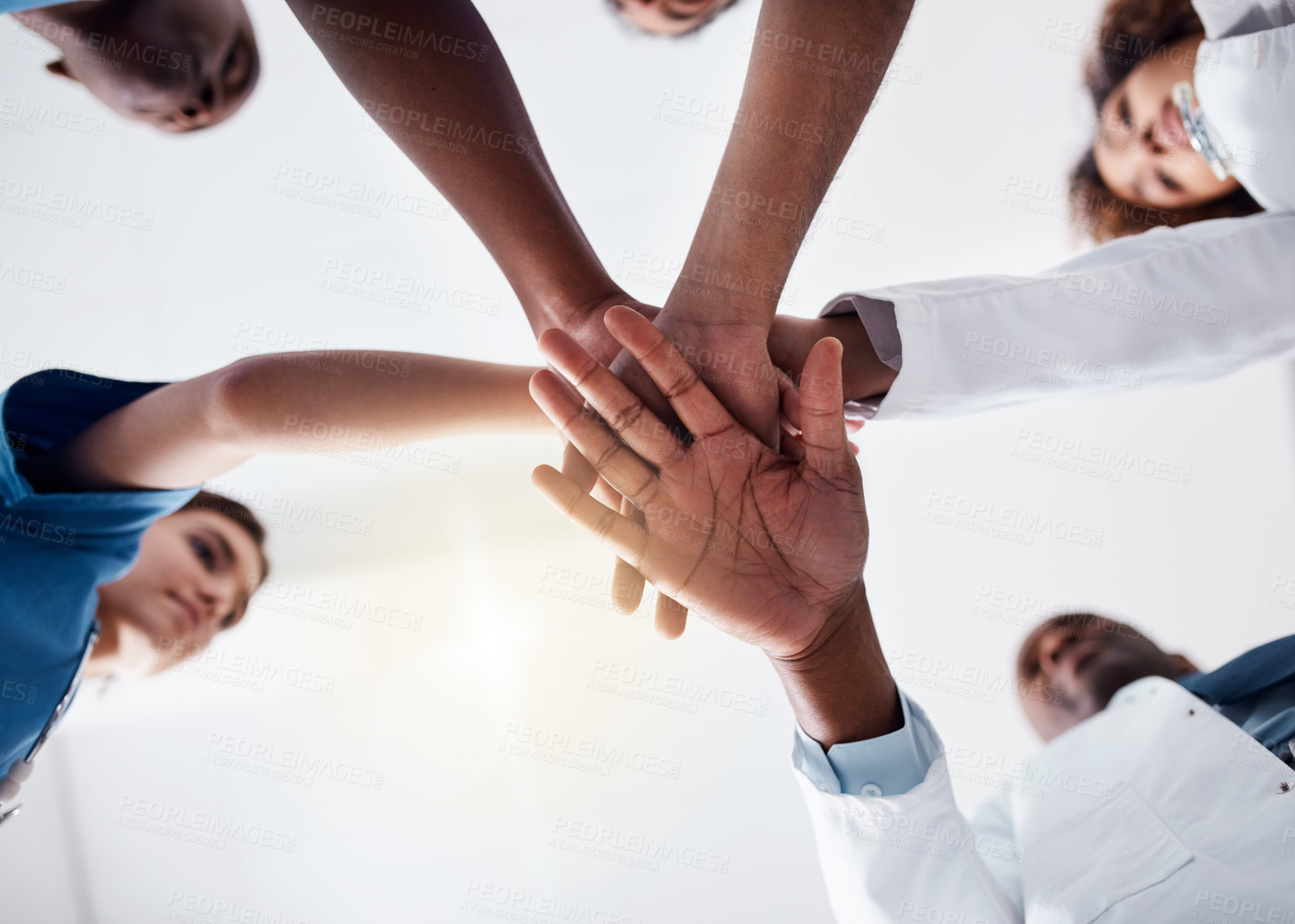 Buy stock photo Collaboration, doctors and hands together with nurses, planning and medical strategy for treatment. Below group, meeting and healthcare for support, motivation and surgery success in hospital clinic