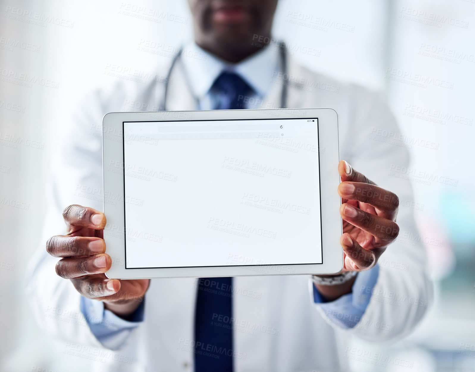 Buy stock photo Tablet screen, mockup and doctor hands at hospital for healthcare news, help or faq presentation. Digital, space or man surgeon at clinic with how to, steps and Telehealth consulting, app or sign up 