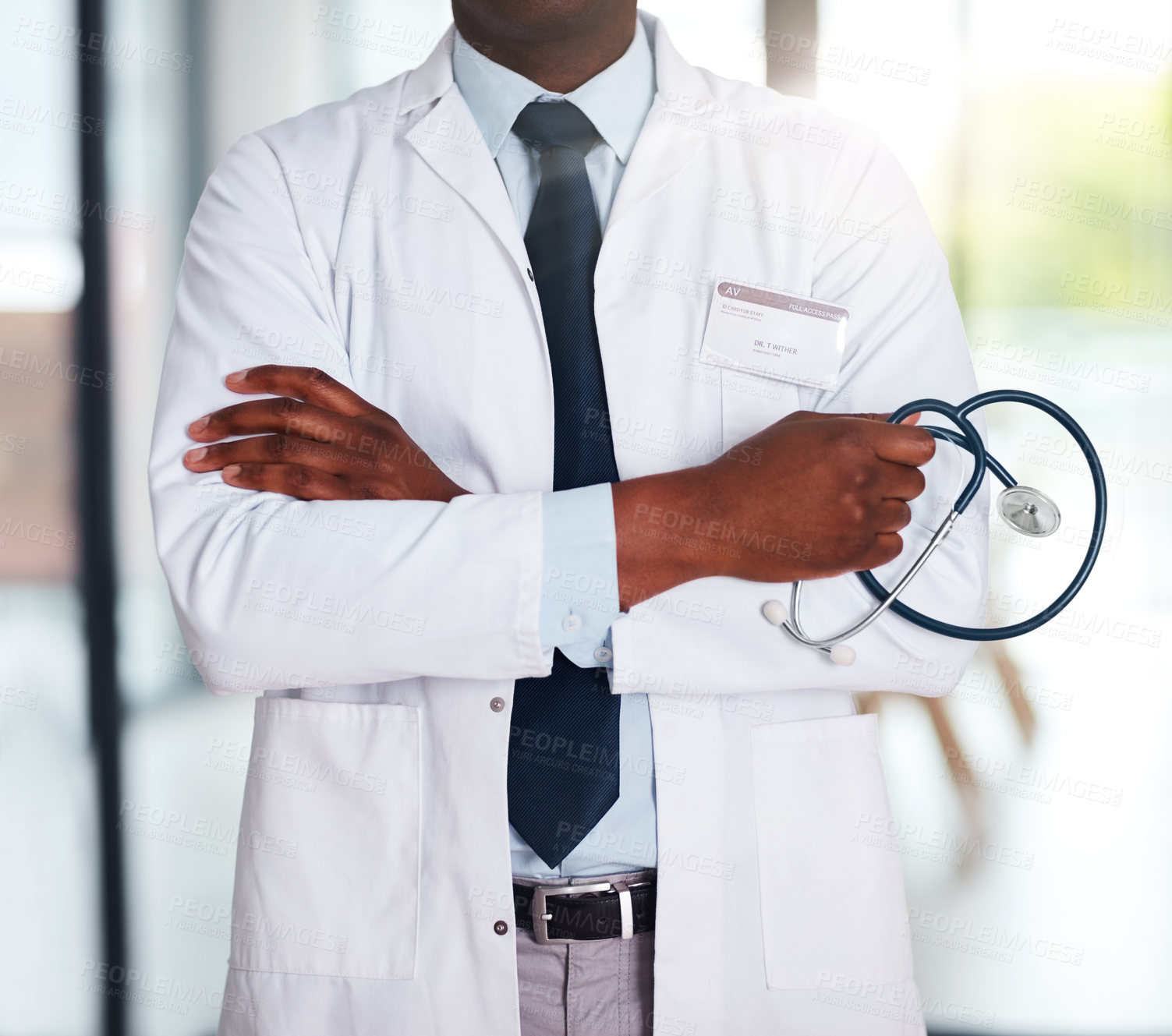 Buy stock photo Hands, confidence and stethoscope as medical professional in clinic for checkup with pride as doctor. Person, career and physician in hospital for routine, schedule or advice in healthcare or support