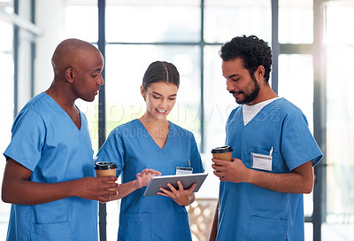 Buy stock photo Medical, people and tablet discussion in clinic, staff and conversation or health research with nurse interns together. Talking, report and help with professional employees, wellness and hospital