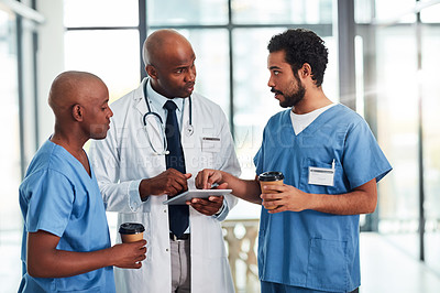 Buy stock photo Team, tablet and planning in hospital as prep with collaboration for patient, decision and healthcare. People, tech and strategy with nurse, teamwork and doctor for wellness consultation at clinic