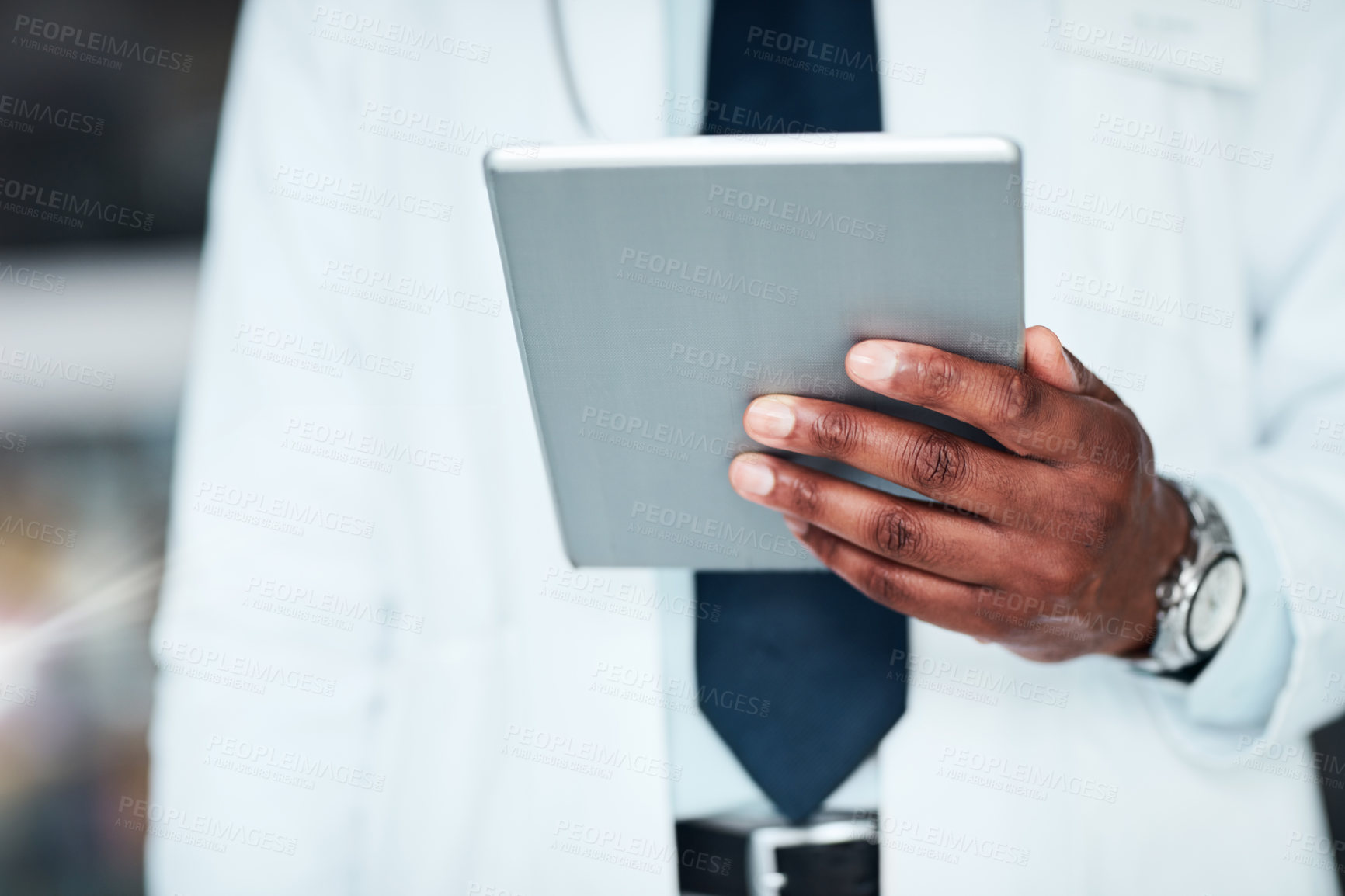 Buy stock photo Doctor, man and tablet in hands for healthcare, planning and medical website to research diagnosis. Male person, medicine and online for consulting, telehealth and app for clinic patient system