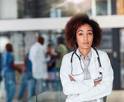 Buy stock photo Health, portrait and woman with arms crossed in hospital with doctor for confidence, medical support or wellness. Surgeon, care and African person with stethoscope for consulting, medicine or service