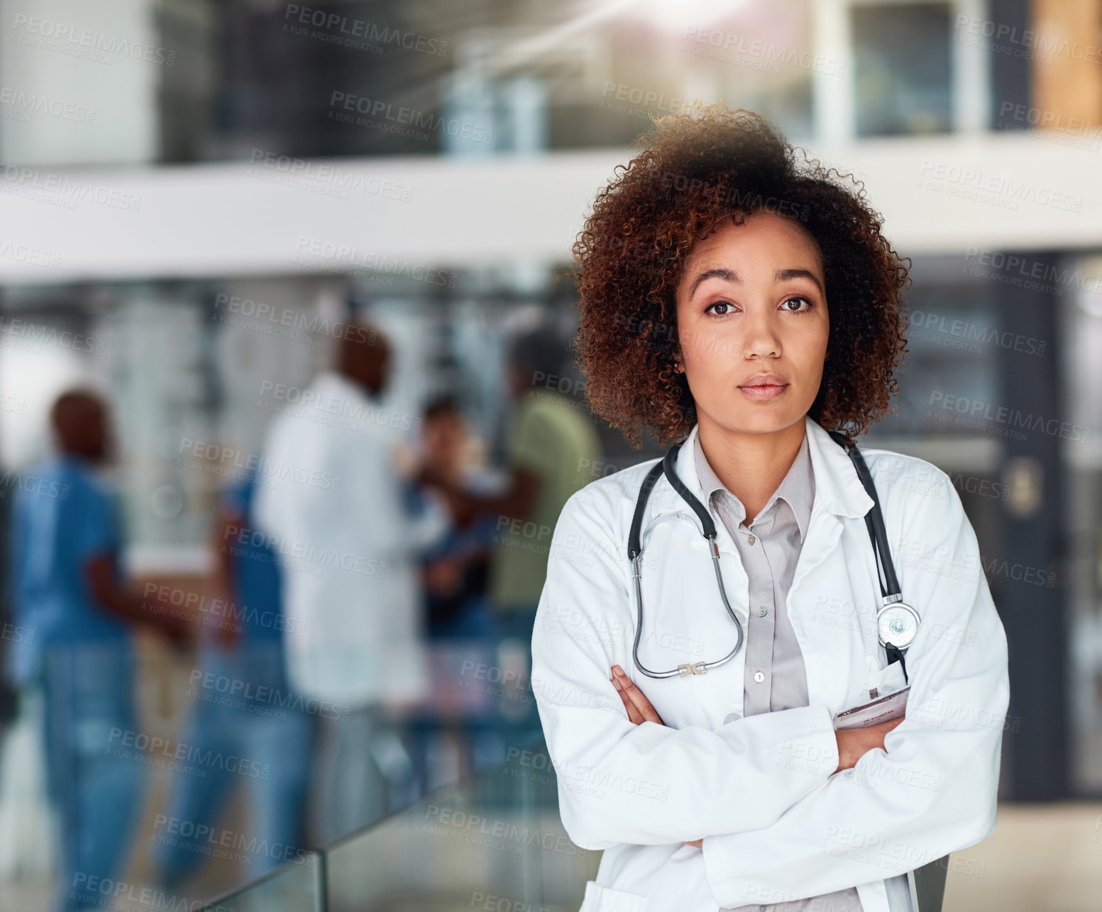 Buy stock photo Health, portrait and woman with arms crossed in hospital with doctor for confidence, medical support or wellness. Surgeon, care and African person with stethoscope for consulting, medicine or service