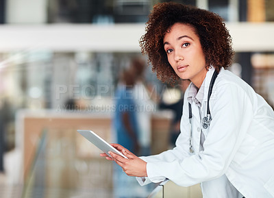 Buy stock photo Woman, serious and doctor portrait with tablet in clinic, telehealth and online patient advice with medical employee. Wellness, research and hospital professional, app and internet consultation