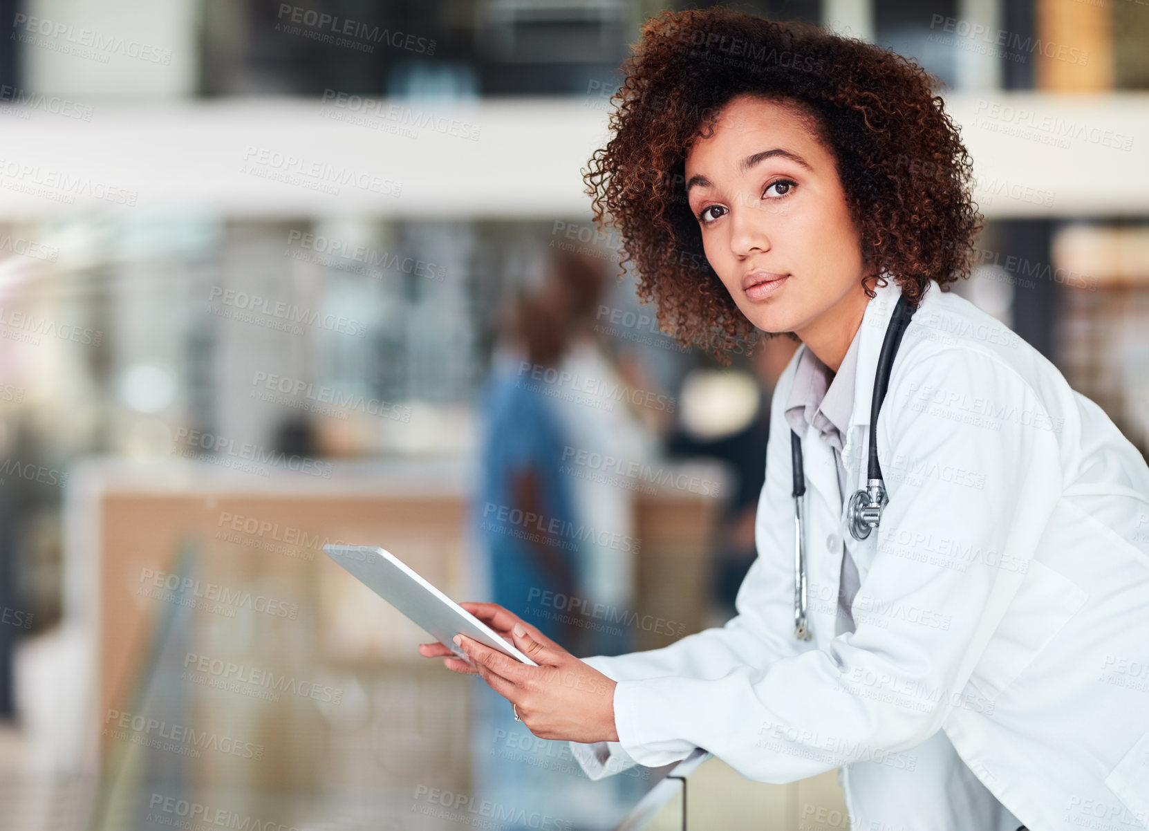 Buy stock photo Woman, serious and doctor portrait with tablet in clinic, telehealth and online patient advice with medical employee. Wellness, research and hospital professional, app and internet consultation