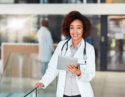 Buy stock photo Woman, medical and doctor portrait with tablet in hospital, telehealth and online patient advice with happy employee. Wellness, research and clinic professional, smiling and internet consultation