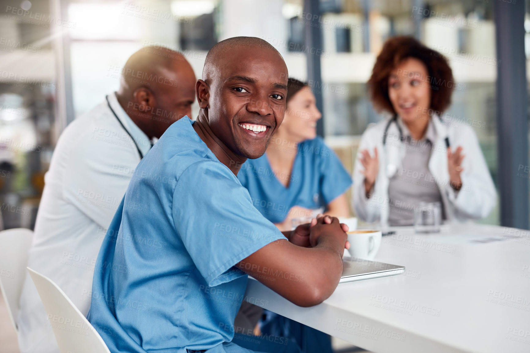 Buy stock photo Nurse, healthcare worker and portrait with smile, pride and diversity for team, meeting or feedback. Group of people, doctors and collaboration for consulting, help and medicine in clinic or hospital