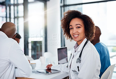 Buy stock photo Healthcare, meeting and portrait of woman doctor in hospital boardroom for collaboration or planning. Cardiology, smile and technology with medical group or team in clinic for integrity or trust