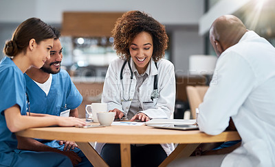 Buy stock photo Medical, team and planning for surgery healthcare in clinic, collaboration and talking at table. Employees, communication and support for surgery agenda, solidarity and brainstorming for treatment