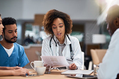 Buy stock photo Discussion, doctor and meeting with nurses, documents and medical strategy for diagnosis and treatment. Diversity, collaboration and healthcare for consulting, planning or surgery results in hospital