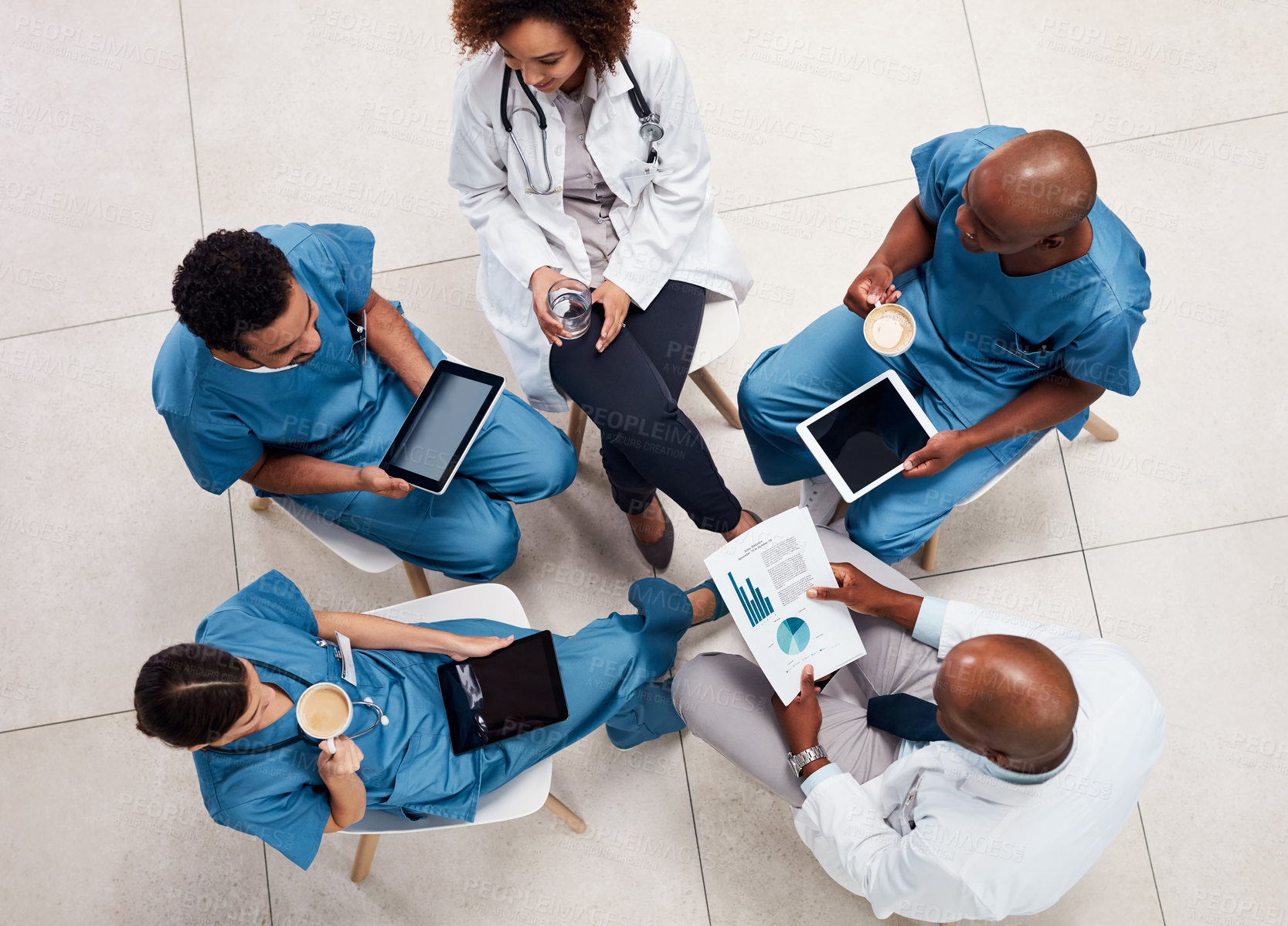 Buy stock photo Above group, doctor and planning with nurses, documents and medical strategy for treatment on tablet. Discussion, collaboration and healthcare for meeting, consulting or surgery results in hospital