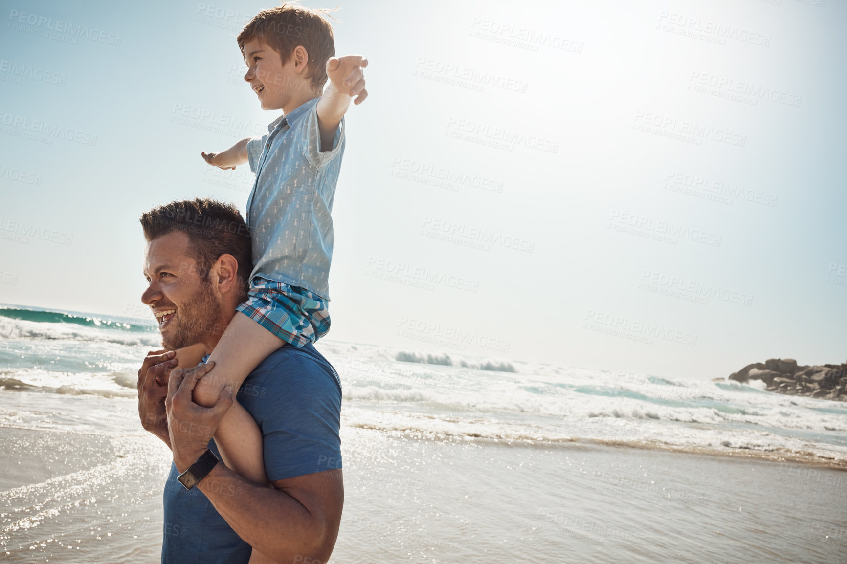 Buy stock photo Father, beach and child on shoulders for airplane, vacation or waves to relax with care, love or bonding on walk. Man, dad and boy for summer, plane or flight by sea for mockup space in Croatia