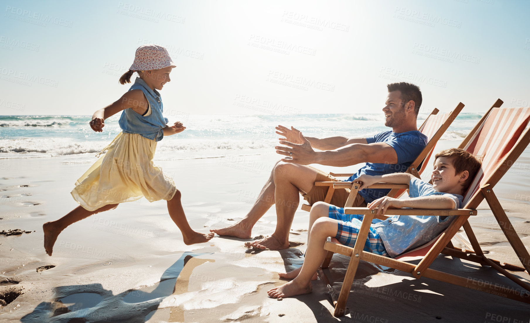 Buy stock photo Happy, beach and father with children on chair for holiday, vacation and relax on tropical island. Family, travel and dad with kids by ocean for bonding, playing and fun outdoors in nature on weekend