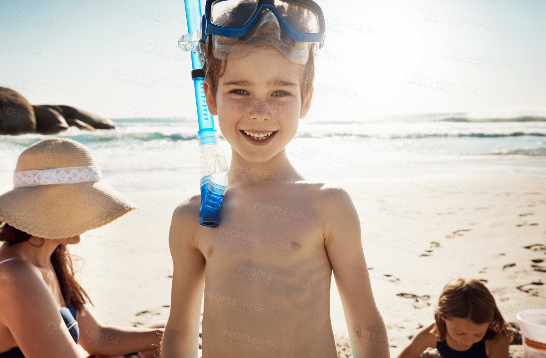 Buy stock photo Beach, family and portrait of children by ocean for playing on holiday, vacation and adventure. Happy, summer and mom with kids by seaside with snorkeling mask for bonding, relaxing and fun outdoors