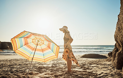 Buy stock photo Cropped shot of a beautiful young woman at the beach