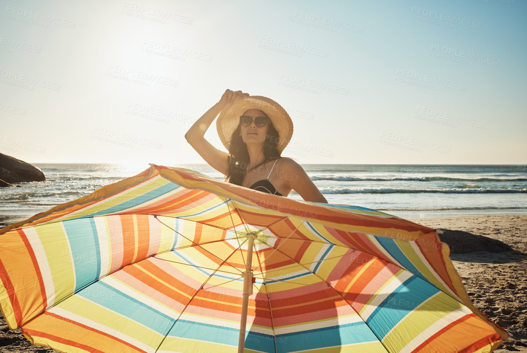 Buy stock photo Cropped shot of a beautiful young woman at the beach