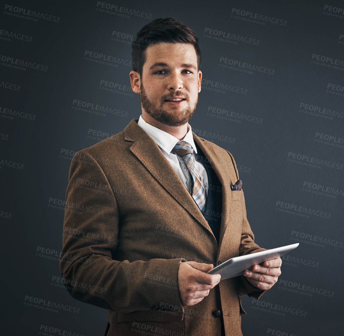 Buy stock photo Business man, tablet and portrait in studio for internet, communication and networking consultation. Entrepreneur, online app or research for information, startup or website update on gray background