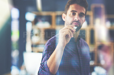 Buy stock photo Planning, ideas and businessman working in the office while doing research for a corporate strategy. Professional, writing and male employee brainstorming for a company project in workplace boardroom