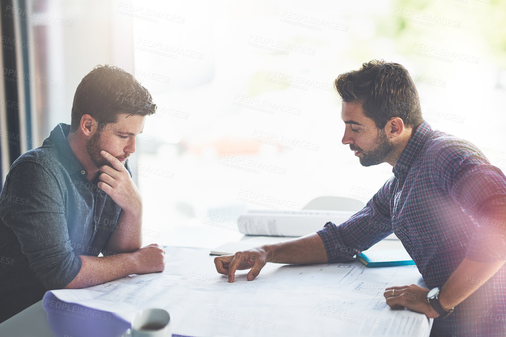 Buy stock photo Meeting, blueprint and business men for architecture, urban planning and property development. Building company, engineering and people with paperwork, floor plan and design on desk for teamwork