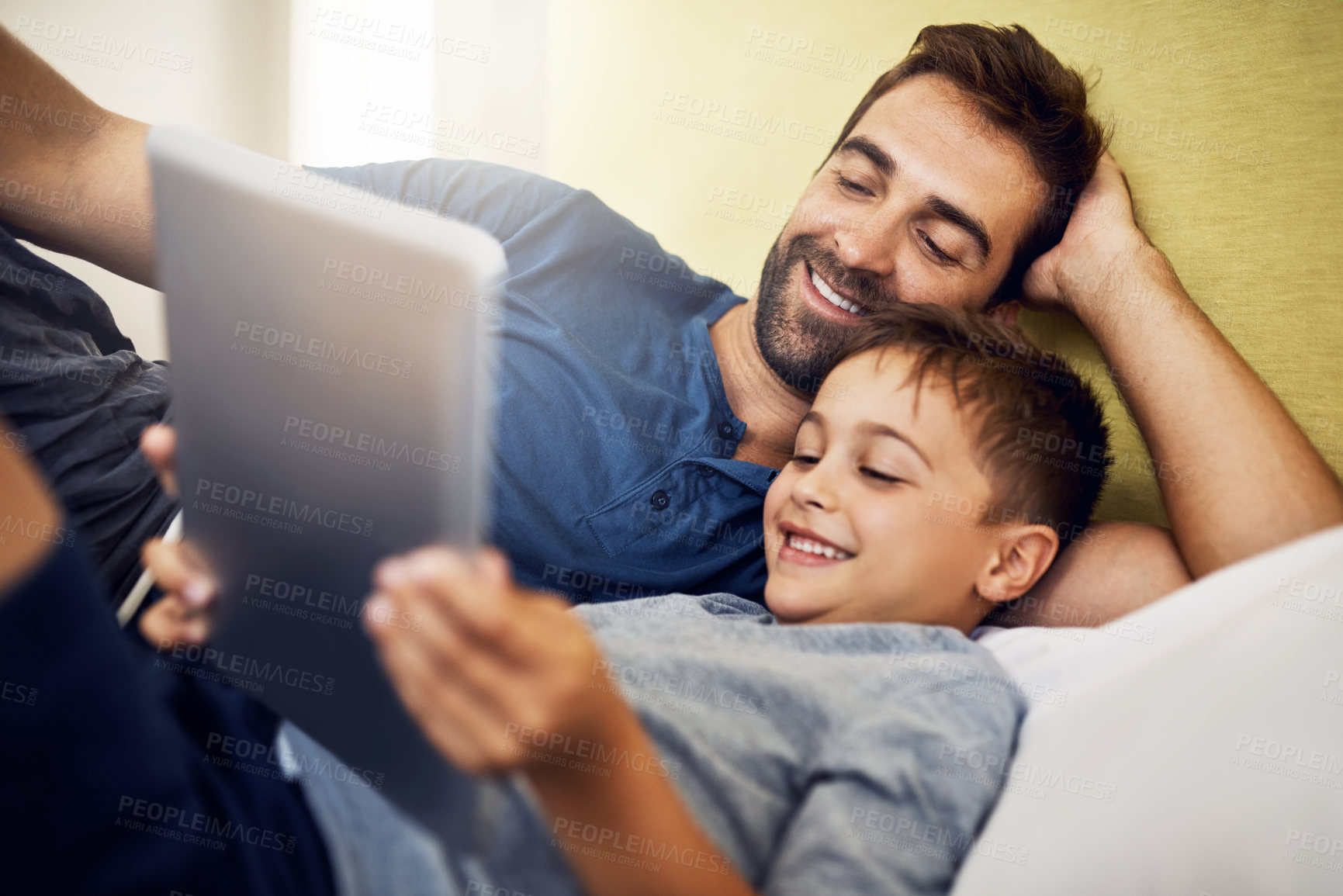 Buy stock photo Smile, tablet and love with father and son for live streaming, subscription service and technology. Social media, happiness and app with man and child in family home for internet, digital and website