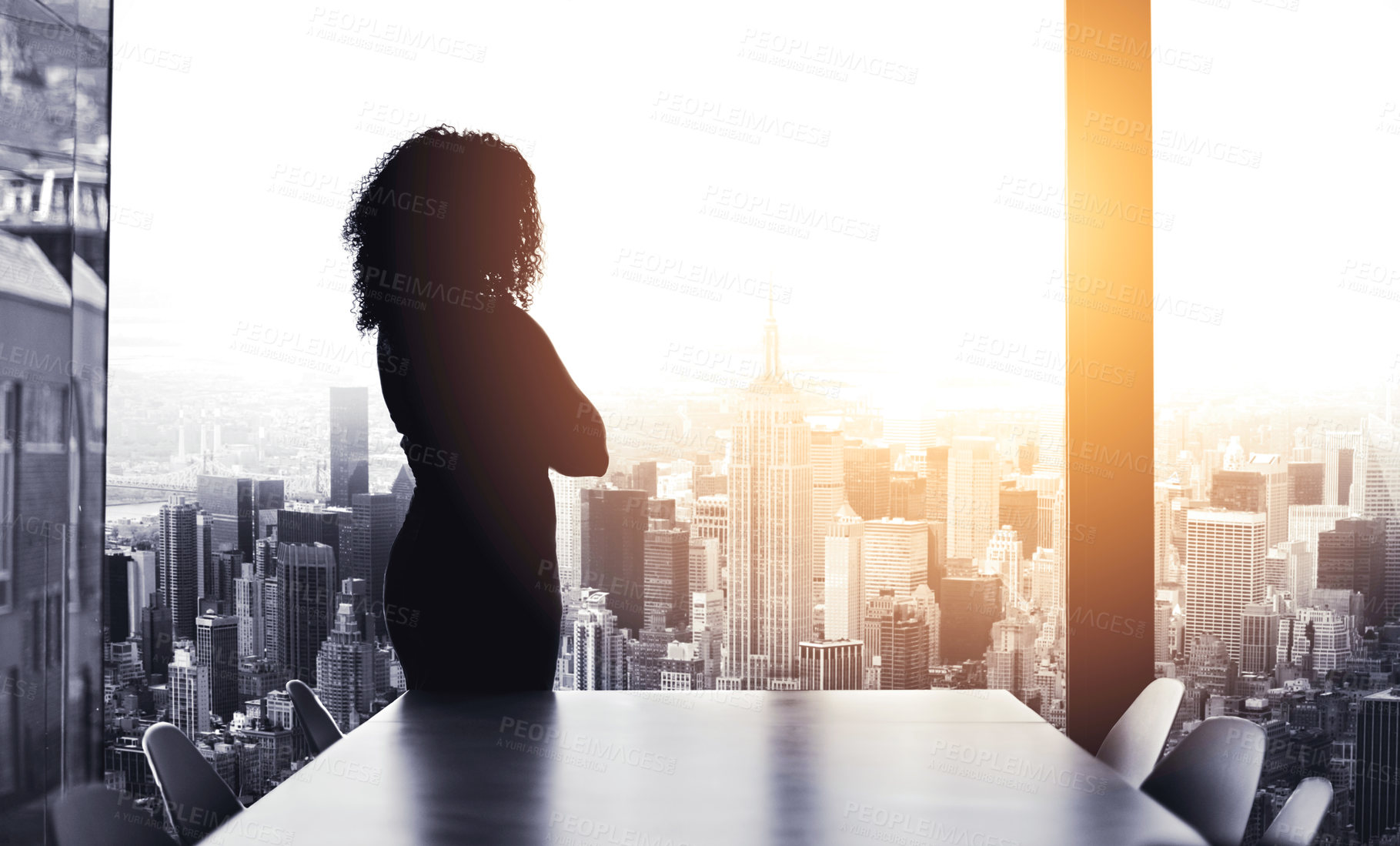 Buy stock photo Silhouetted shot of a young businesswoman looking at a cityscape from an office window