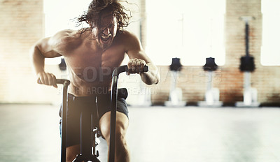 Buy stock photo Workout, fitness and man on elliptical in gym for health, training or exercise. Sports, motivation and determined male shouting on cross trainer bike for exercising, cardio and cycling for strength.