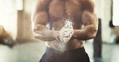 Buy stock photo Hands, fitness and chalk dust in gym for grip, workout and exercise for wellness. Sports, health and man, bodybuilder or male athlete clapping with powder and ready to start training for muscles.