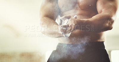 Buy stock photo Hands, sports and powder dust in gym for grip, workout and exercise for wellness. Fitness, health and man, bodybuilder or male athlete clapping with chalk and ready to start training for muscles.