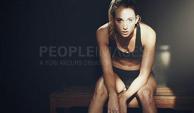 Buy stock photo Portrait, tired or woman with fatigue in gym studio resting or relaxing after training for body development. Sports athlete, fitness or bodybuilder with strong arms in exercise or workout challenge