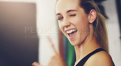 Buy stock photo Gym portrait, rock sign and woman in fitness success, winning and workout energy for health goals. Happy face of young sports, athlete or person with training challenge, sports action and wellness