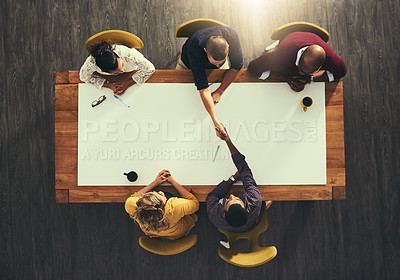 Buy stock photo Above, office and employees with hand shake in meeting for teamwork, collaboration and partnership. Business, people and deal with agreement or success on negotiation or congratulations on contract 