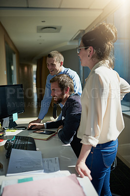 Buy stock photo Meeting, computer and group of business people in office with advice, review or feedback on project. Collaboration, team and financial risk managers analyzing investment profit return or growth.