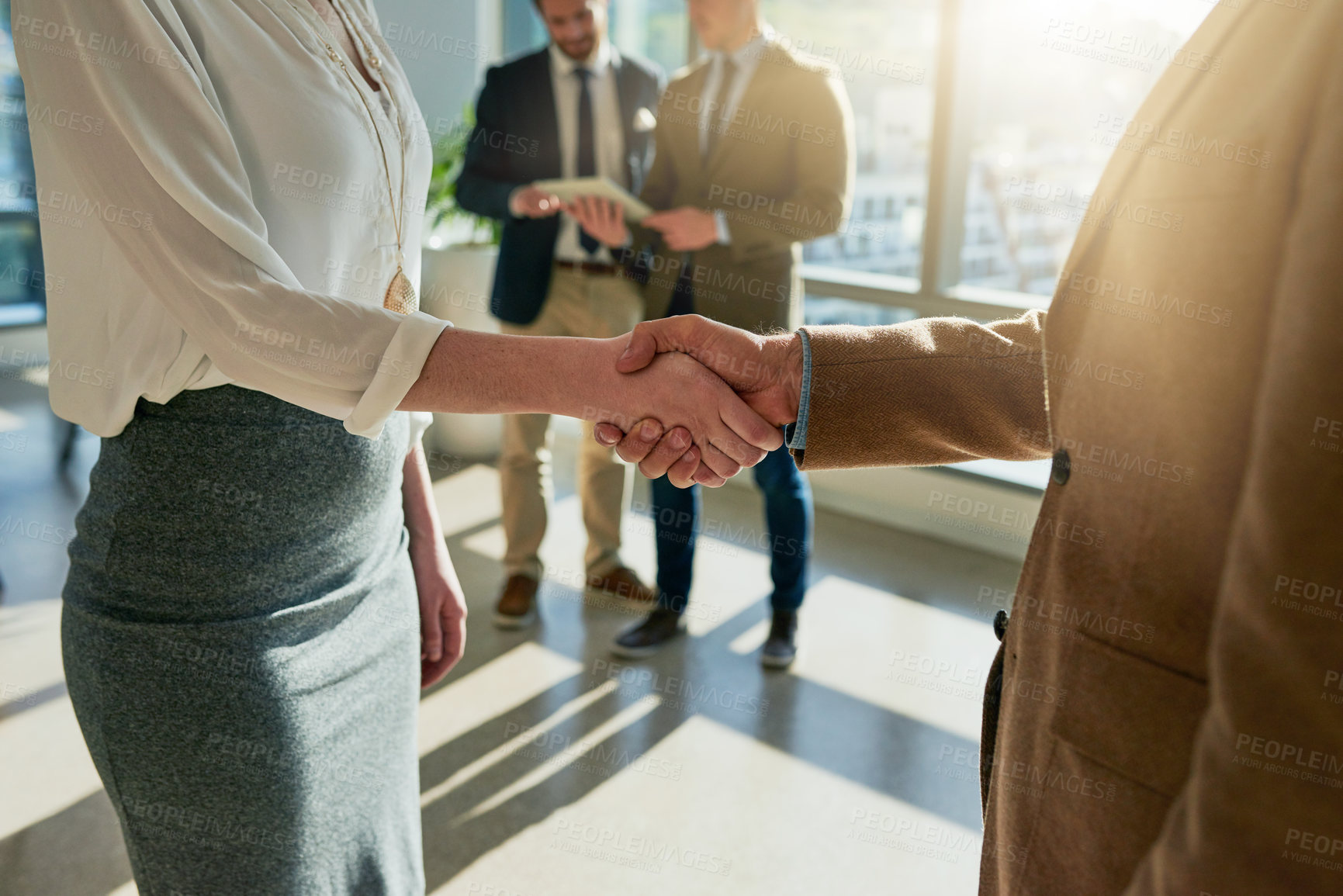 Buy stock photo Handshake, businessman and deal with crm agreement, growth and business development project. Corporate, b2b and welcome with shaking hands and team success from partnership opportunity in office