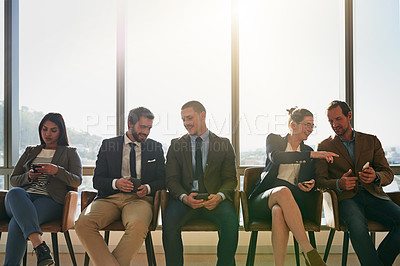 Buy stock photo Recruitment, wait and row of people with vacancy, discussion and digital notes on smartphone. Hiring, diversity and candidate group ready with plan, work opportunity and queue for paperless interview