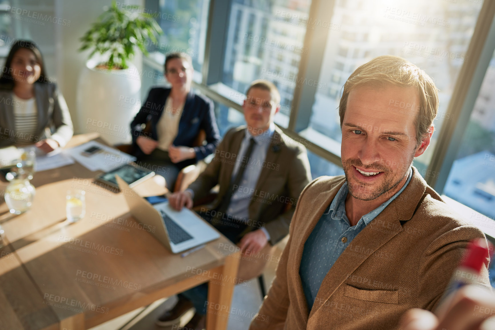 Buy stock photo Above businessman, pitch and whiteboard for presentation, training and mentor for planning or discussion. Workshop, meeting or collaboration for growth, future and project review for company goals