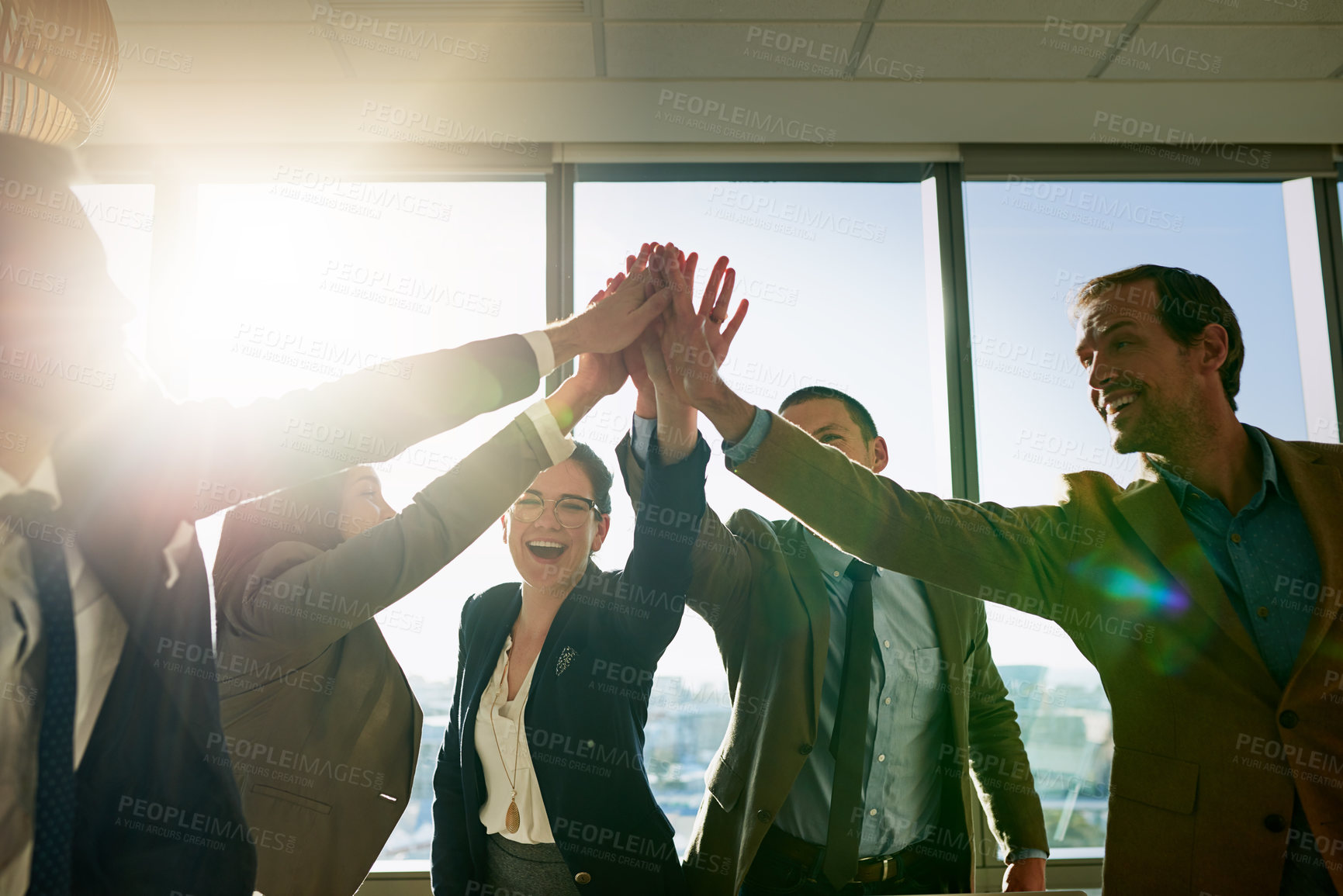 Buy stock photo Happy, business people and high five with team for collaboration, motivation or success at office. Group, employees and hands together with unity for solidarity, community or mission at workplace