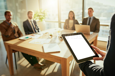 Buy stock photo Cropped shot of an unrecognizable businessman giving a presentation in the boardroom