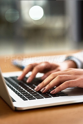 Buy stock photo Laptop, keyboard and hands of a person at desk for work, internet and connection at night. Business, closeup and a secretary or receptionist typing on a computer for late admin online in an office