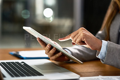 Buy stock photo Business woman, office and hands with tablet at night with digital finance consultant with deadline at desk. Planning, market research and tech with helpdesk, accounting advice and web consultation 