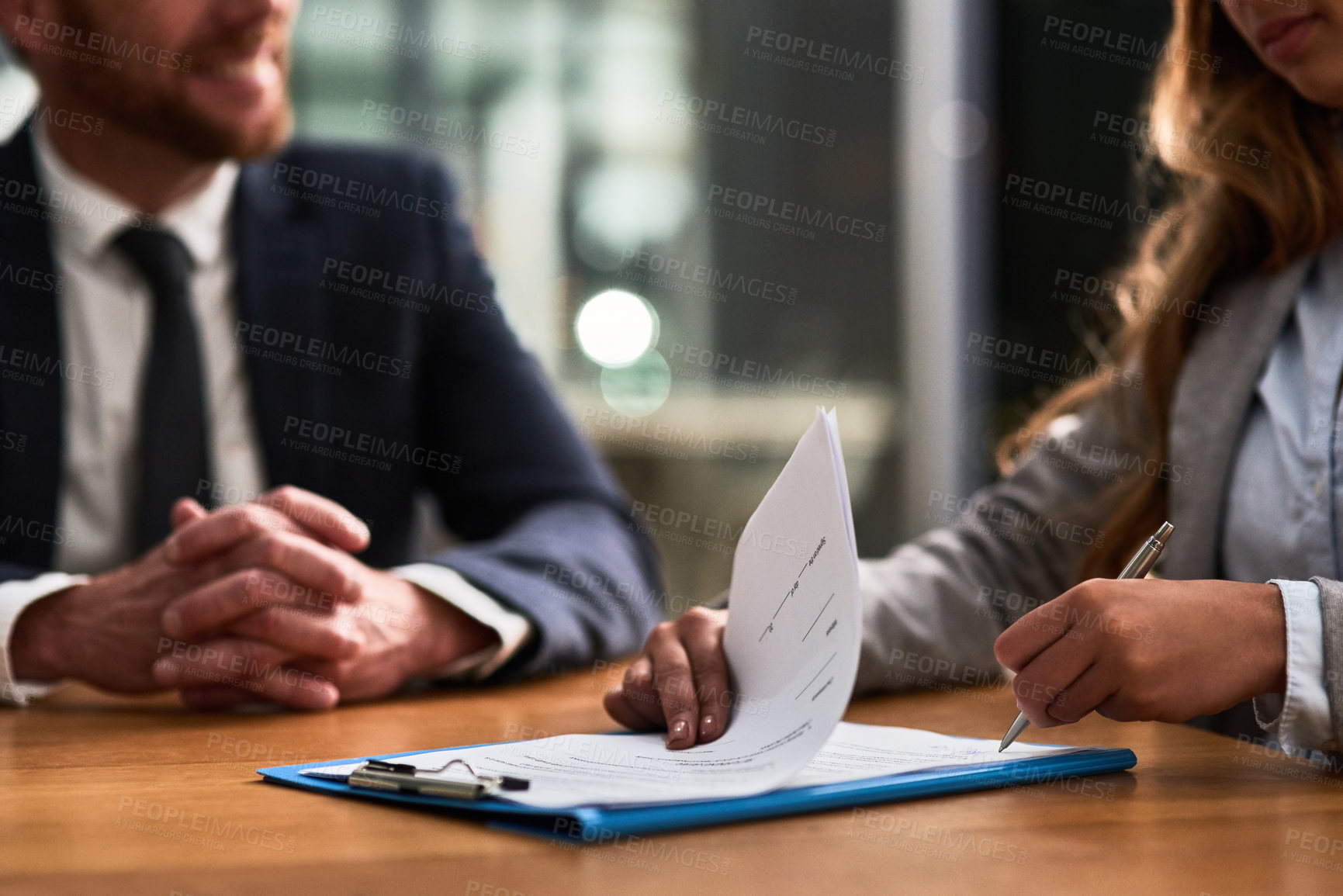 Buy stock photo Documents, contract and business people writing signature for deal, partnership or legal paperwork in night office. Paper of lawyer woman, notary or partner hands for policy, compliance and agreement