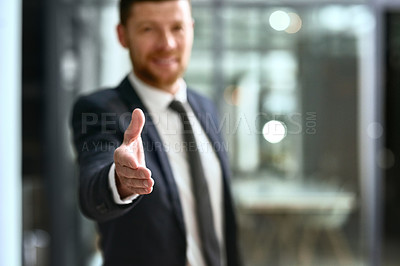 Buy stock photo Handshake, offer and portrait of business man for success, agreement or introduction, hiring and welcome. Professional person shaking hands in pov meeting, night deal or congratulations and thank you