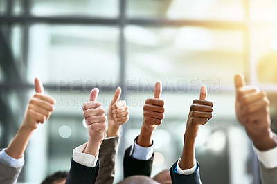 Buy stock photo Success, thumbs up and group of people thank you, support or teamwork hands vote, yes and like emoji. Great, ok and business women, men or winner for collaboration and thanks sign in career winning