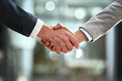Buy stock photo Business man, partner and handshake in meeting, corporate welcome and introduction or lawyer agreement and success. Professional people or clients shaking hands for night b2b, interview or legal deal
